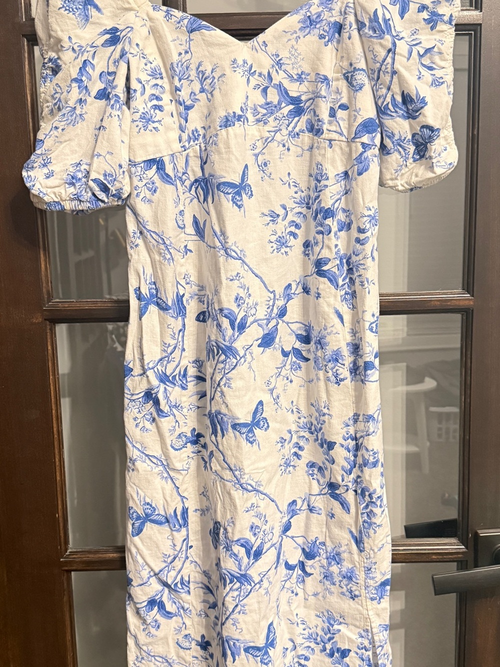 H&M Mama Maternite White Maternity Midi Dress with Blue Floral & Butterfly Print - Picture 6 of 7
